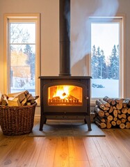 Wood stove burning in a cozy room