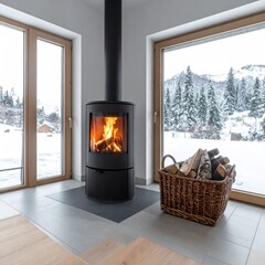 Cozy modern stove in winter scene