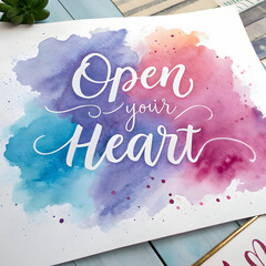 Open your Heart inspirational quote written in elegant white calligraphy over vibrant watercolor splash background