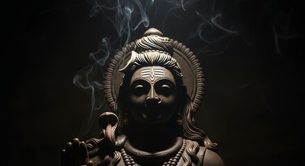 Dramatic Portrait of Lord Shiv Ji Idol with Incense Smoke