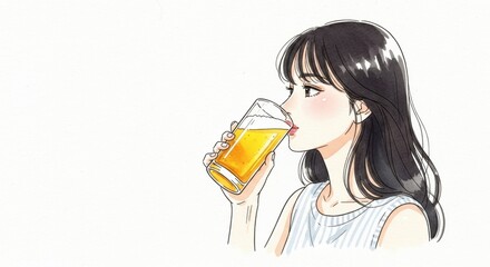 グラスビールを飲む女性の横顔イラスト素材