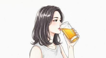 グラスビールを飲む女性の横顔イラスト素材