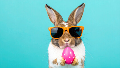Hipster Easter Bunny: A fashionable bunny rocks sunglasses while clutching a colorful egg against a vibrant turquoise background. Capturing the essence of Easter fun and style!