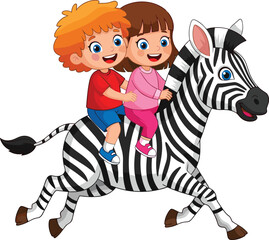 Cartoon kids riding zebra together, happy children animal adventure, jungle wildlife illustration, safari fun, friendship, education, learning, playful vector design