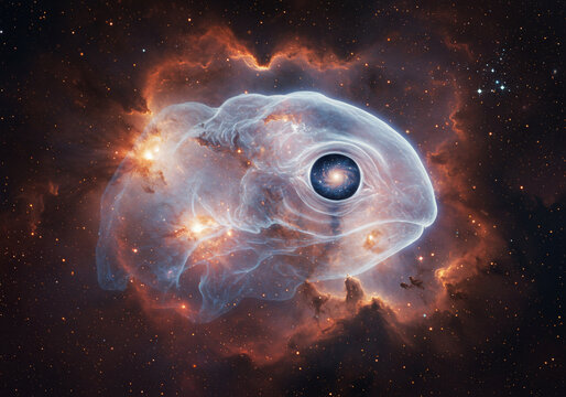Cosmic nebula formation resembles a celestial rabbit, surrounded by glowing gas and stars.