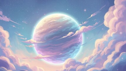 whimsical pastel-colored celestial scene featuring large glowing planet with swirling clouds in pink purple and blue hues surrounded by fluffy clouds and starry sky - Powered by Adobe