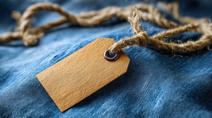 Blank Brown Tag on Rustic Twine Against Denim Background Surface