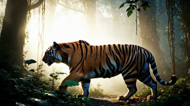 Majestic tiger gracefully prowling through a misty jungle, sunlight filtering through the dense canopy, creating a cinematic wildlife scene, perfect for conservation campaigns and nature documentaries