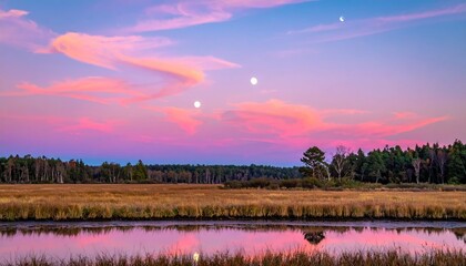 Vivid sunset sky over marshland