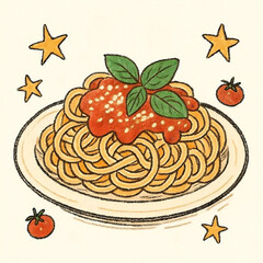 バジルをのせたトマトソーススパゲッティの手描き風イラストレーション。かわいらしいタッチで描かれたパスタ料理で、カフェメニューや食卓イメージにぴったりのベクターアート
