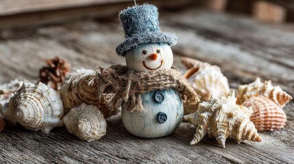 Snowman Decoration Surrounded by Various Beautiful Seashells