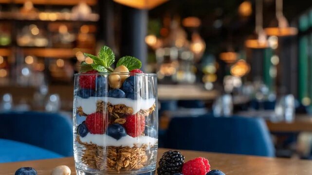 Delicious Berry Yogurt Parfait with Granola Layers in a Cozy Restaurant Setting.