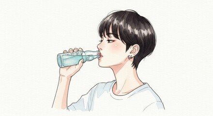 ラムネ瓶を飲む女性の飲用シーンイラスト