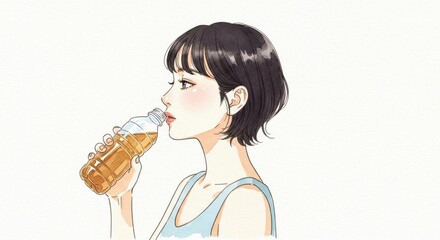 ペットボトルのお茶を飲む女性の横顔イラスト