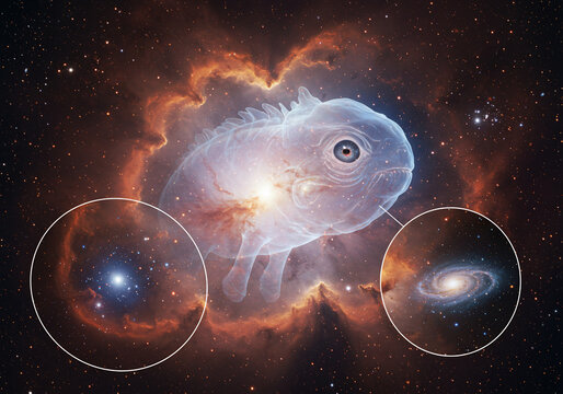 A surreal artistic depiction of a fish-like creature floating amidst a vibrant nebula and celestial objects.
