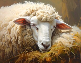 Close-up Portrait of a White Sheep Resting in a Bed of Hay and Straw