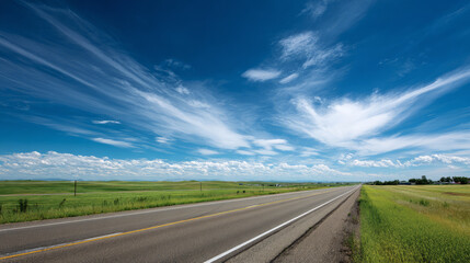 A scenic road with clear blue sky and green fields on both sides