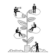 Business growth and innovation depicted as a plant with people on lightbulbs
