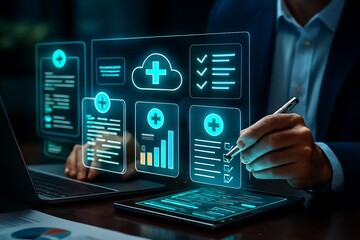 Modern healthcare professional analyzing digital patient data with interactive dashboard on laptop, optimizing treatment plans for improved outcomes and efficiency