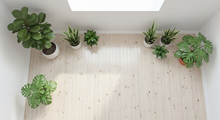 Overhead perspective showcases several potted plants in a brightly lit room with light wooden flooring and white walls, creating a serene and natural atmosphere, emphasizing interior design and the...