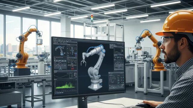 bearded engineer in hard hat and safety glasses operates computer displaying robotic arm model and data In the background automated orange arms work in modern industrial lab with city views - Powered by Adobe