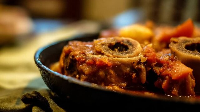 Delicious Braised Osso Buco with Vegetables in a Rustic Pan.
