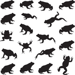 Fototapeta premium Silhouette Frogs in Diverse Poses: A collection of amphibian silhouettes, captured in dynamic poses, showcasing the frog's form from various perspectives, perfect for design.
