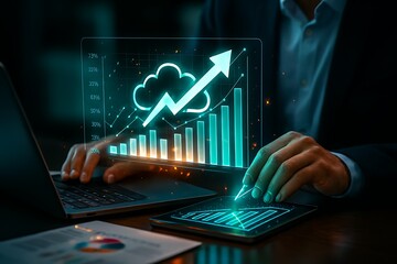 Dynamic professional analyzing vibrant cloud growth charts on laptop and tablet, driving business success with modern technology and data insights