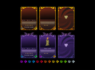 Golden ancient and halloween fantasy trading card game template set. Magic RPG card layout with gothic border and crystal gem elements, collectible battle deck for board games and digital TCG projects