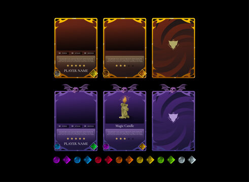 Golden ancient and halloween fantasy trading card game template set. Magic RPG card layout with gothic border and crystal gem elements, collectible battle deck for board games and digital TCG projects