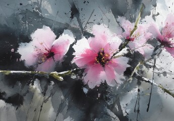 Delicate blossoms in muted tones, accented by dark, abstract brushstrokes, create a tranquil and evocative floral still life.