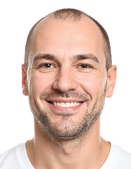 Obraz premium Close up portrait of a handsome balding man with a friendly smile.