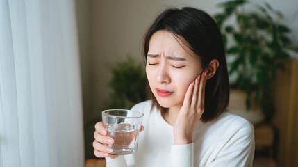 Woman in a White Sweater Holding Glass of Water While Experiencing Discomfort in a Cozy Setting