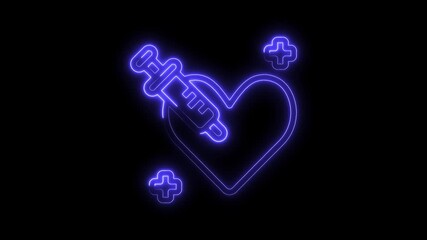 Neon heart shape with syringe icon on a black background animation for health awareness