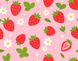 Strawberry Pattern with Flowers and Leaves.