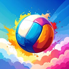 Vibrant volleyball in a colorful abstract sky