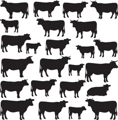 Fototapeta premium Cattle Silhouette Pattern: A captivating pattern of cattle silhouettes, a monochromatic collection of these farm animals creating a visually striking design. 