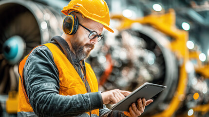 Industrial Worker Using Tablet in Factory with Safety Gear and Machinery in Background