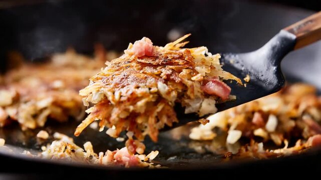 Crispy Bacon Hash Browns Flipping in Hot Pan with Steam Rising.