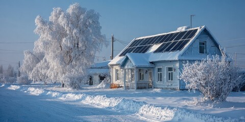 Snowy village house with solar panels