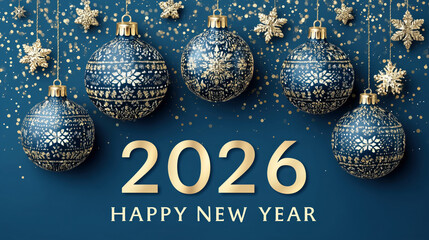 Elegant Blue Christmas Ornaments with Gold Patterns for Happy New Year Celebration 2026
