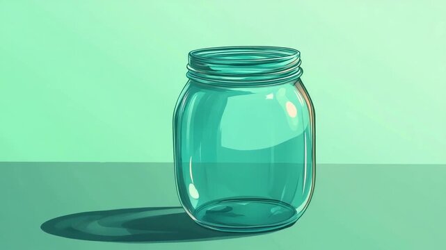 A clear glass jar casting a shadow on a green surface.