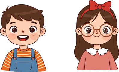 Cute cartoon illustration of happy little boy and girl characters, adorable kids faces, smiling children vector artwork, child character design isolated