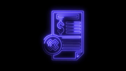 Glowing neon financial document with dollar sign and decline symbol on black background