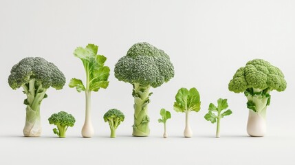 Various Sizes of Broccoli and Greens on White Background Display