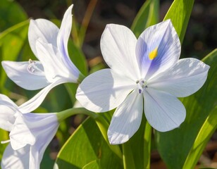 Close-up shot of beautiful white flowers with purple and yellow details