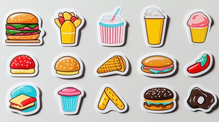 Colorful Collection of Fast Food Stickers Laid Out in Knolling Style