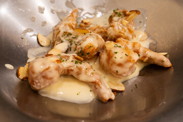 fried prawns with sweet mayonnaise sauce and almond