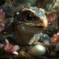 Fototapeta premium Adorable baby dragon guarding its precious egg amidst lush pink blossoms and mystical foliage, a symbol of new beginnings and fantasy