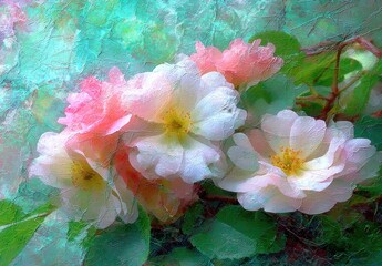 Delicate pastel roses, rendered with textured paintstrokes,  display a soft, dreamy quality against a teal background.